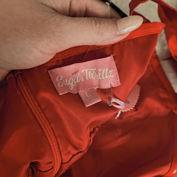 Merry Provocative Red Satin Babydoll Mini Dress With White Fur Trim - Picture 6 of 6